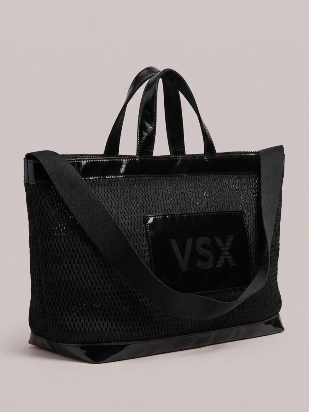 Victoria's Secret VSX Large Black Liquid Shine Mesh Tote Bag NWT